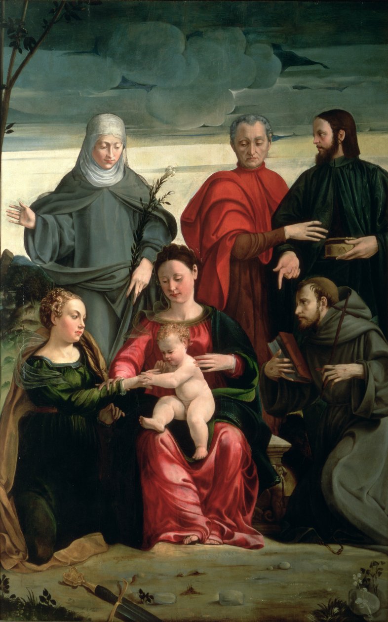 St. Catherines mystiske ægteskab med St. Francis, St. Clare, St. Cosmas og St. Damian af Gaspare Pagani