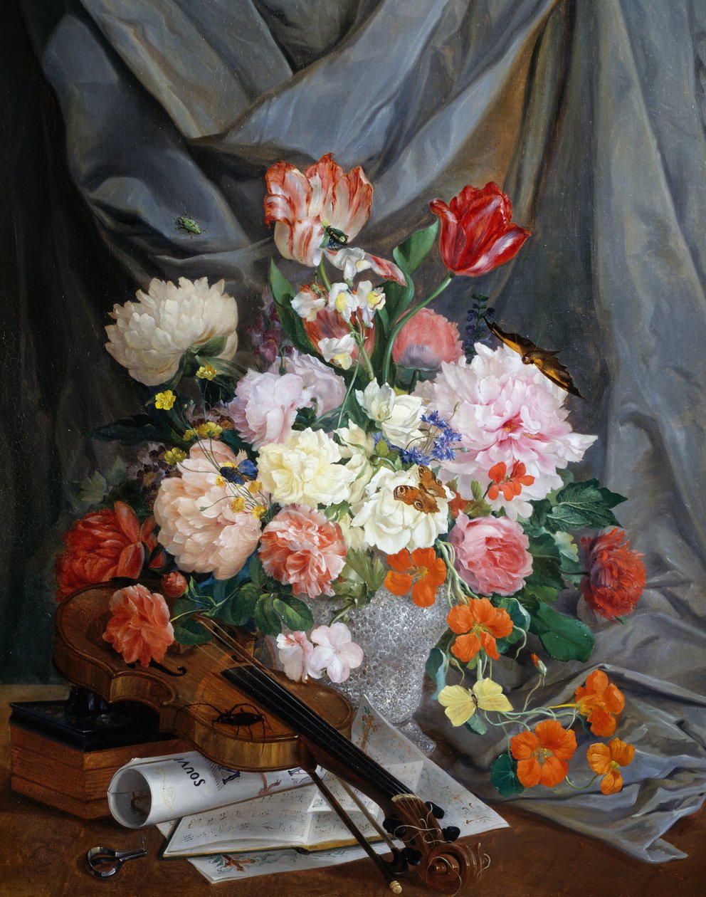 Stilleben med vase med afskårne blomster og violin, af Gaspare Mattioli, olie på lærred, Italien af Gaspare Mattioli