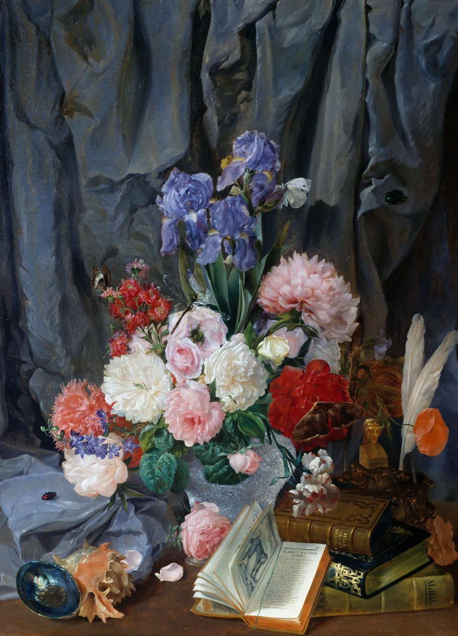 Stilleben med vase med afskårne blomster, skaller og bøger, af Gaspare Mattioli, olie på lærred, Italien af Gaspare Mattioli