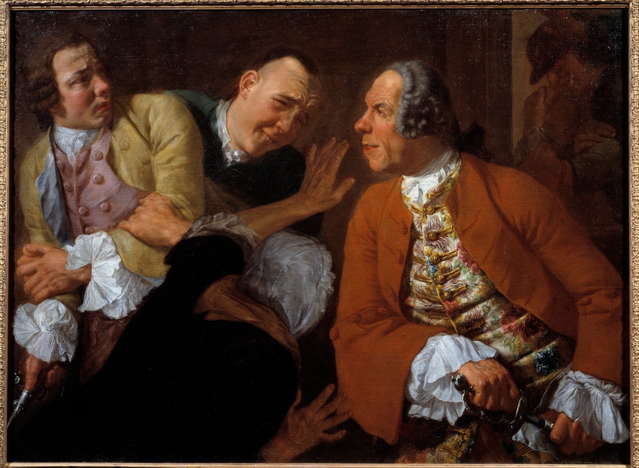 Kampen mellem herrer. Maleri af Gaspare Traversi (1732-1769) 1700-tallet søn. 0,99x0,73 m af Gaspare Traversi