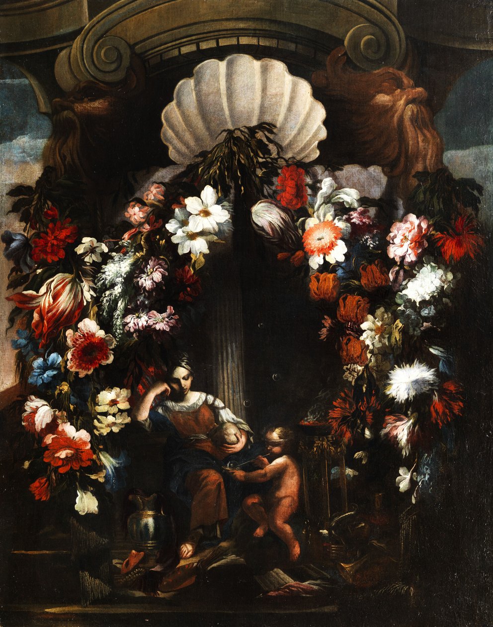 Allegori om kunst og videnskab (med putto med blowpipe og sæbeboble). af Gasparo Lopez
