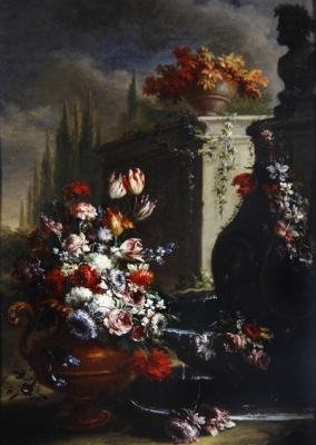 Stilleben med blomster i prydvaser (olie på kobber) (par til 379515) af Gasparo Lopez