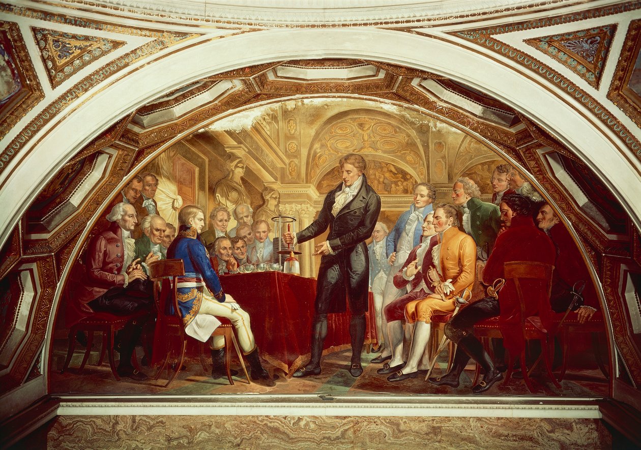 Alessandro Volta (1745-1827) viser sit nyopfundne batteri for Napoleon (1769-1821) på Institut de France i Paris, den 7. november af Gaspero Martellini