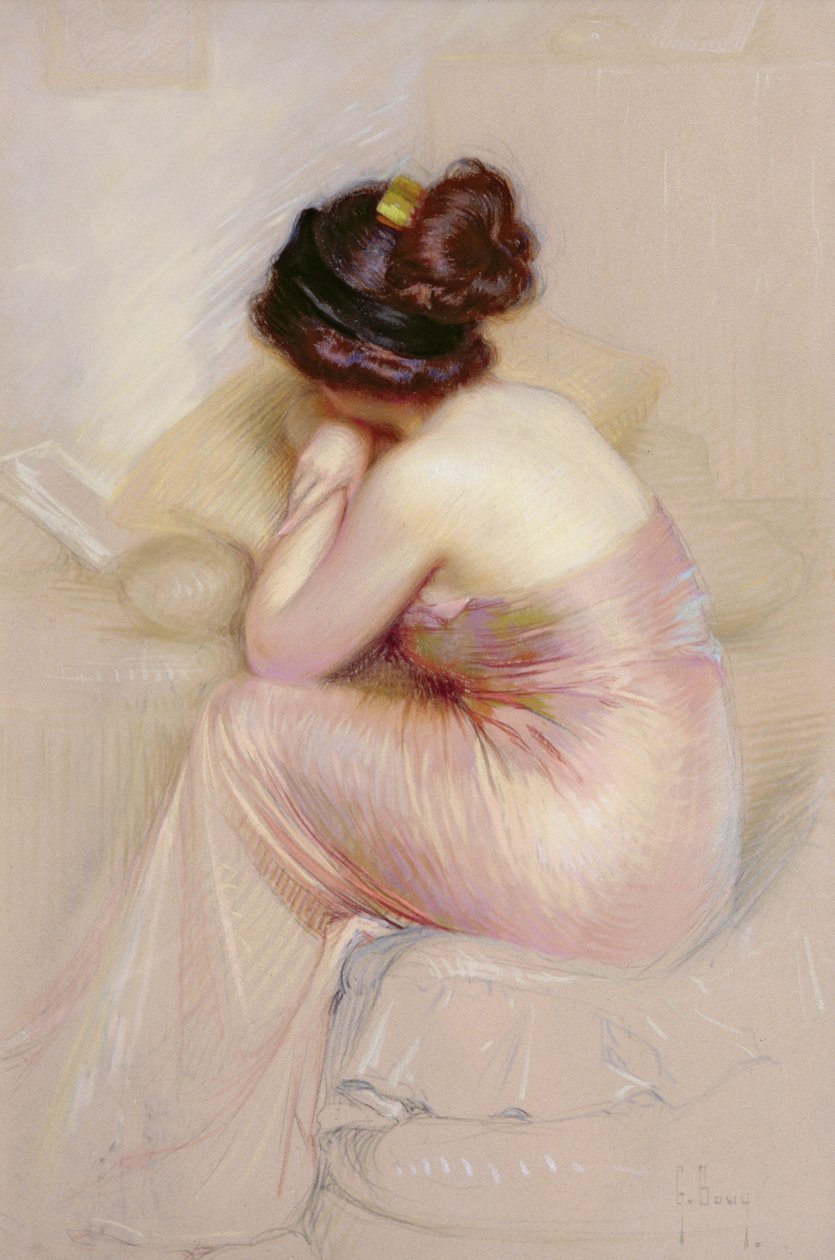 Studie af ung kvinde i satin-aftenkjole (pastel på papir) af Gaston Bouy