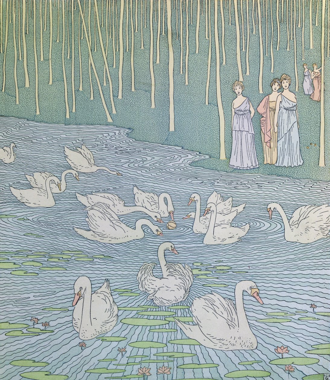 Nausicaa og hendes ledsagere leger med en bold, illustration fra bog 6 af Odysseen, oversat af Lecomte de lIsle, ca. 1900 af Gaston de Latenay