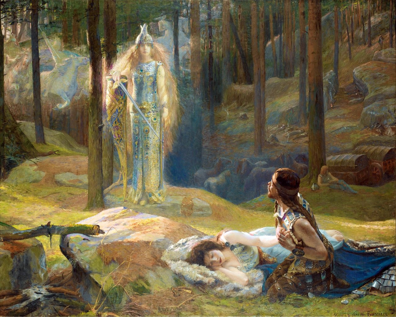 La åbenbaring, Brunnhilde (Brunehilde, Brynhildr) decouvrant Siegmund et Sieglinde - Åbenbaringen. Brunhilde Seeing Siegmund And Sieglinde af Bussiere, Gaston (1862-1928) af Gaston Bussiere