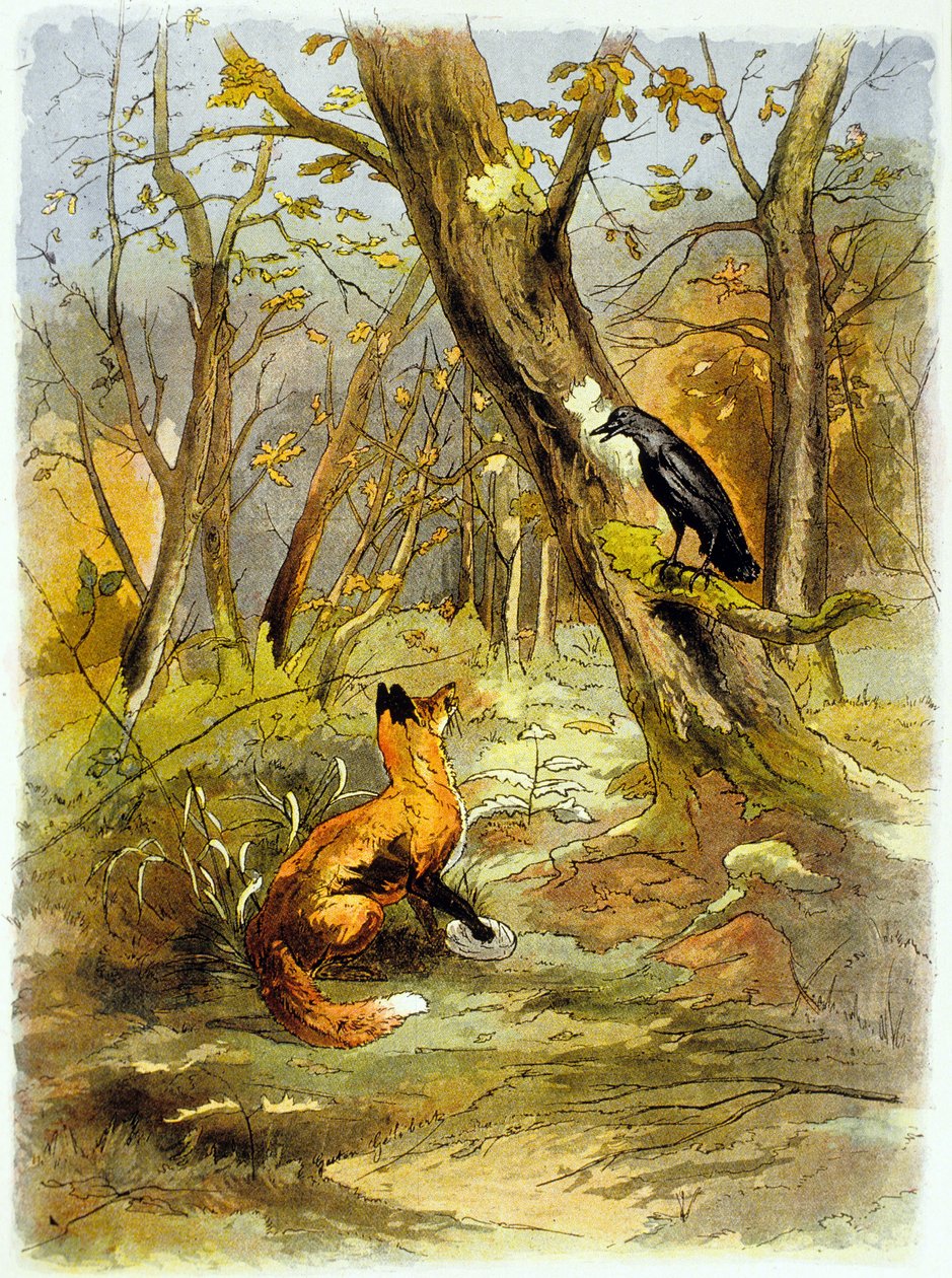 La Fontaines fabel: Kragen og ræven (illustration, ca. 1900) af Gaston Gelibert