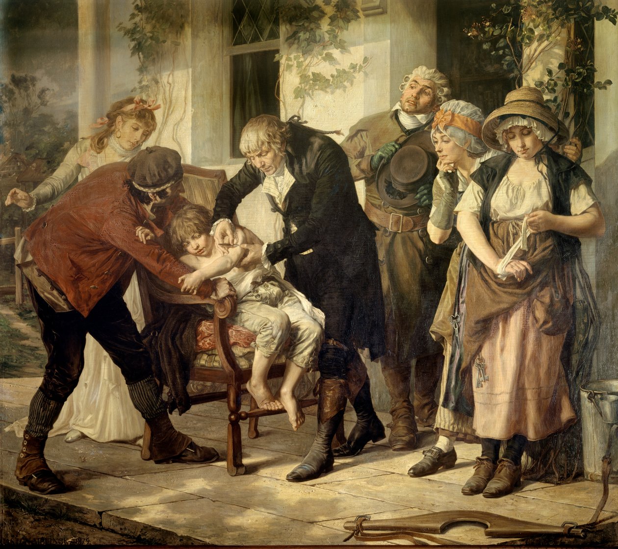 Den første vaccination af Edward Jenner (1749-1823), britisk læge, der opdagede vaccinen mod kopper Maleri af Gaston Melingue (1840-1914) 1796 Paris, det medicinske akademi af Gaston Melingue