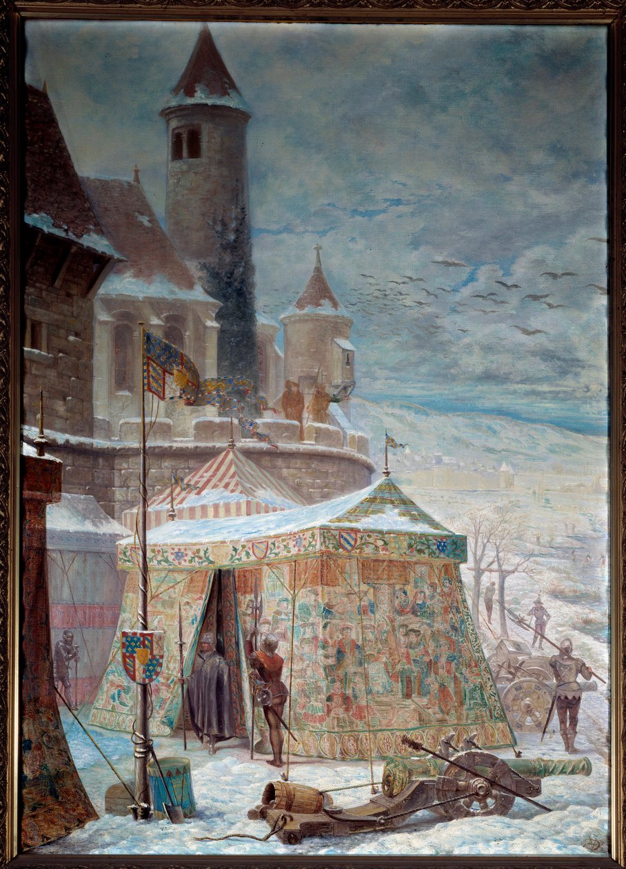 Burgundkrigen: "" Karl Temeraires telt ved belejringen af Nancy"" Hertugen af Bourgogne Charles Temeraire døde under slaget ved Nancy den 5/01/1477, som modsatte ham Armee of the Lorraine og schweizerne af Rene II af Lorraine. Maling af Gaston Save