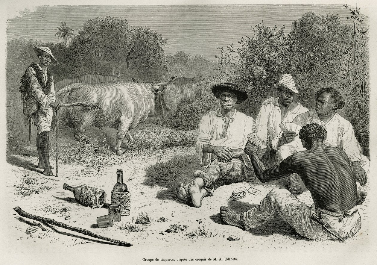 En gruppe vaqueros, der spiller kort og drikker alkohol, nær deres okseflokke, graverer efter en tegning af G.Vuillier, for at illustrere historien De Cayenne aux Andes, af Jules Crevaux, læge i den franske flåde, i 1878-1879, udgivet i tour du mon af Gaston Vuillier