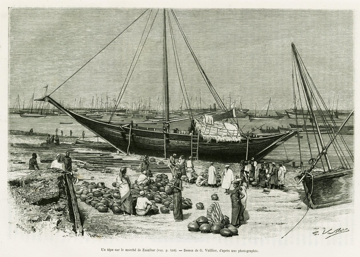 En tepe på Zanzibar-markedet (Tanzania). Gravering af G.Vuillier, for at illustrere historien Voyage among the Benadirs, Somali og Bayouns, i 1882 og 1883, af G.Revoil, i le tour du monde 1888, instrueret af Edouard Charton (1807-1890), Hachette, Paris. af Gaston Vuillier