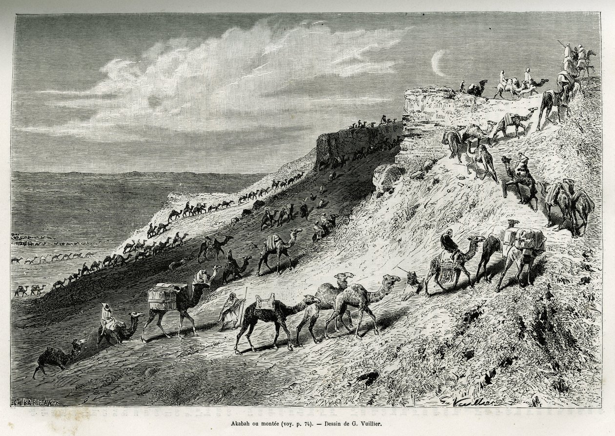 Akabah eller stille kameler op fra campingvognen. Gravering af G.Vuillier, for at illustrere historien "" pelerinage au Nedjed, den arabiske races vugge"", af Lady Anna Blunt, i 1878-1879, udgivet i Tour du monde, under ledelse af Edouard Charton (1807- 1 af Gaston Vuillier