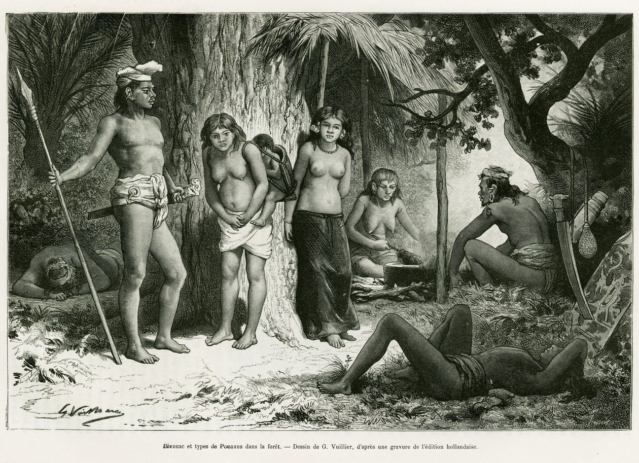 Bivuak og lungetyper i skoven. Gravering af G.Vuillier, til illustration af historien De Koutei a Bandjirmasin, rejse gennem Borneo, af Carl Bock, i le tour du monde 1890, instrueret af Edouard Charton (1807-1890), Hachette, Paris. af Gaston Vuillier