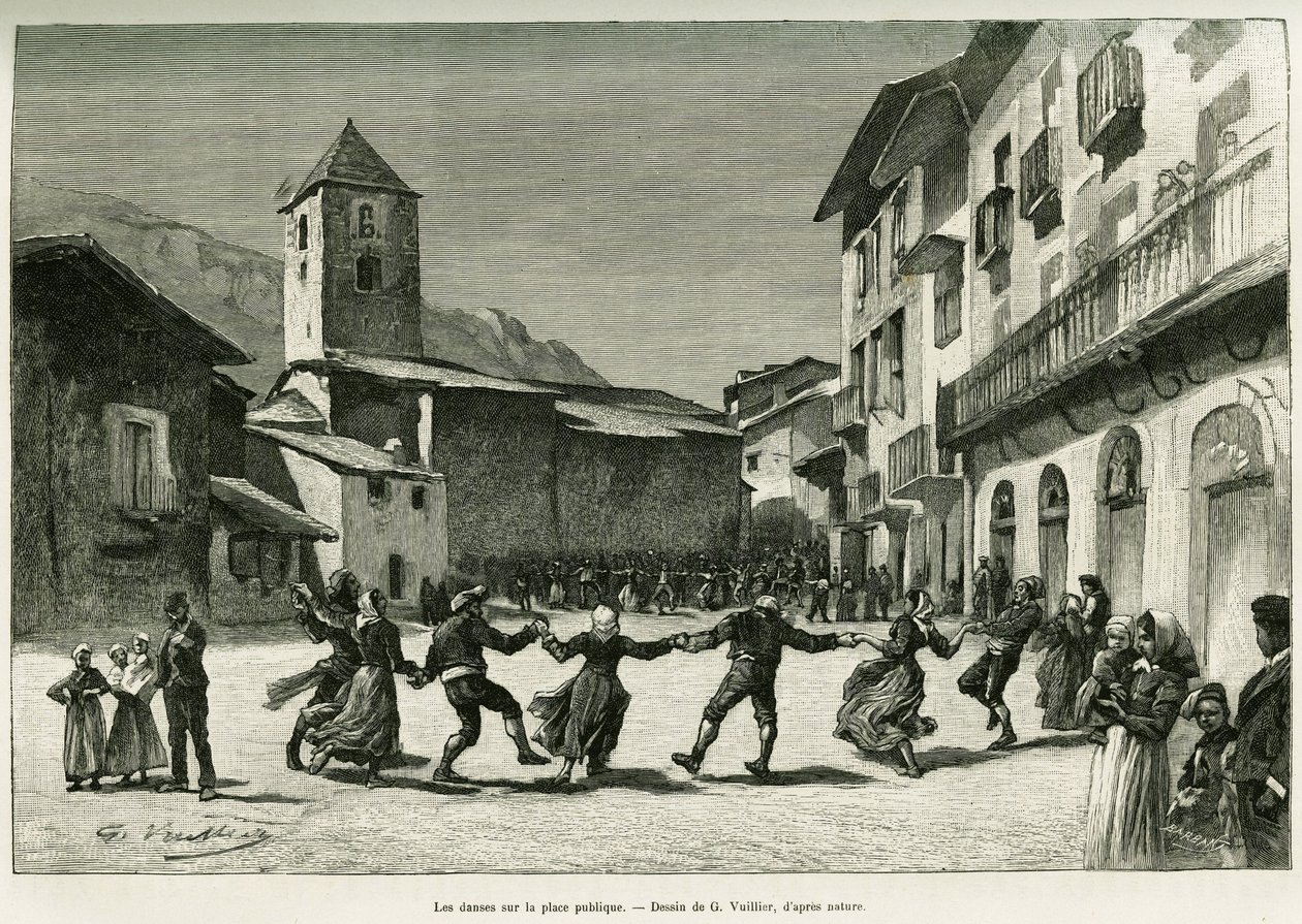 Danser på den offentlige plads. Gravering af G.Vuillier, for at illustrere historien Le val d