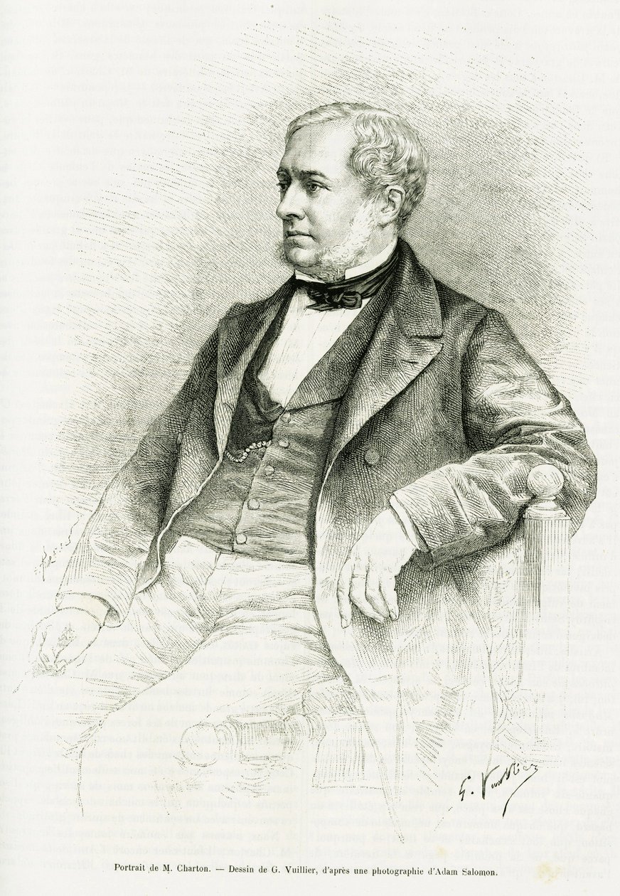 Portræt af Edouard Charton. Gravering af G.Vuillier, efter et fotografi af Adam Salomon, for at illustrere artiklen med titlen M. Charton af Paul Laffite i le tour du monde 1890, redigeret af Edouard Charton (1807-1890), Hachette, Paris. af Gaston Vuillier