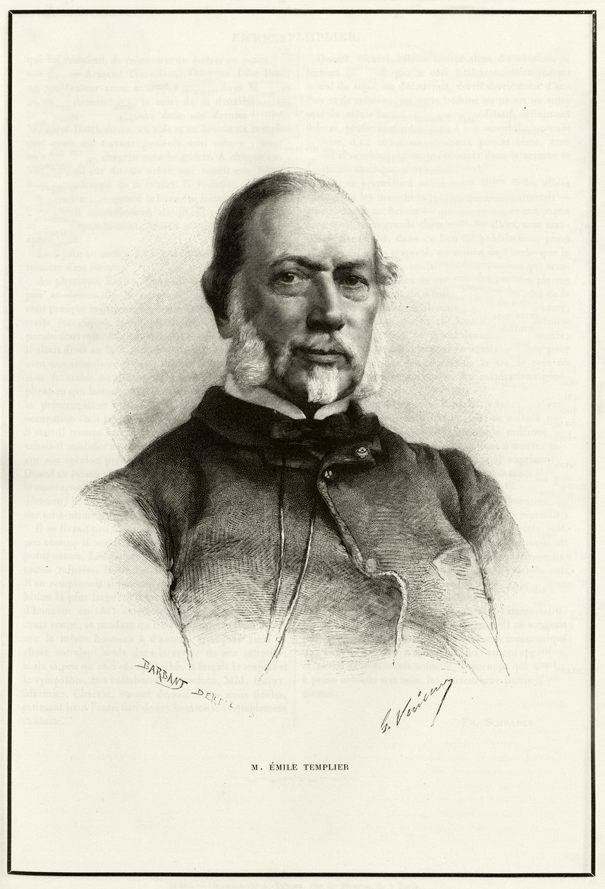 Portræt af Emile Templier (1821- 1891), Louis Hachettes (1800-1864) samarbejdspartner, ansvarlig for fremstillingen af "Tour du monde". Gravering af G.Vuillier, for at illustrere historien "Fra Paris til Tonkin, gennem det ukendte Tibet"" af Gabriel Bonval af Gaston Vuillier