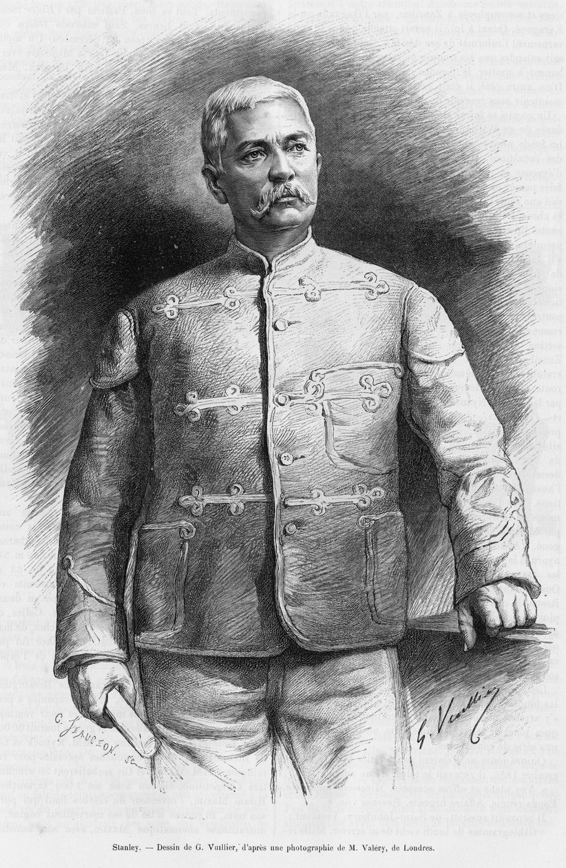 Portræt af Henry Morton Stanley (født John Rowlands 1841-1904) journalist og opdagelsesrejsende. Gravering af G.Vuillier, for at illustrere historien I Afrikas mørke, opdagede forskning og tilbagetog af Emin Pasha af Gaston Vuillier