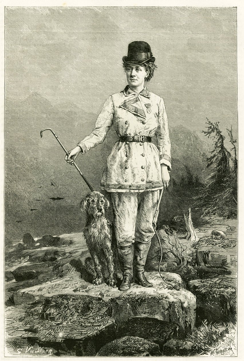 Portræt af Madame Marie De Ujfalvy-Bourdon, i rejsedragt, med sin hund, gift med etnolog, lingvist og opdagelsesrejsende Charles Eugene Ujfalvy (1842-1904), hun ledsagede ham på alle hans ekspeditioner. Gravering af G.Vuillier, efter naturen for at illustr af Gaston Vuillier