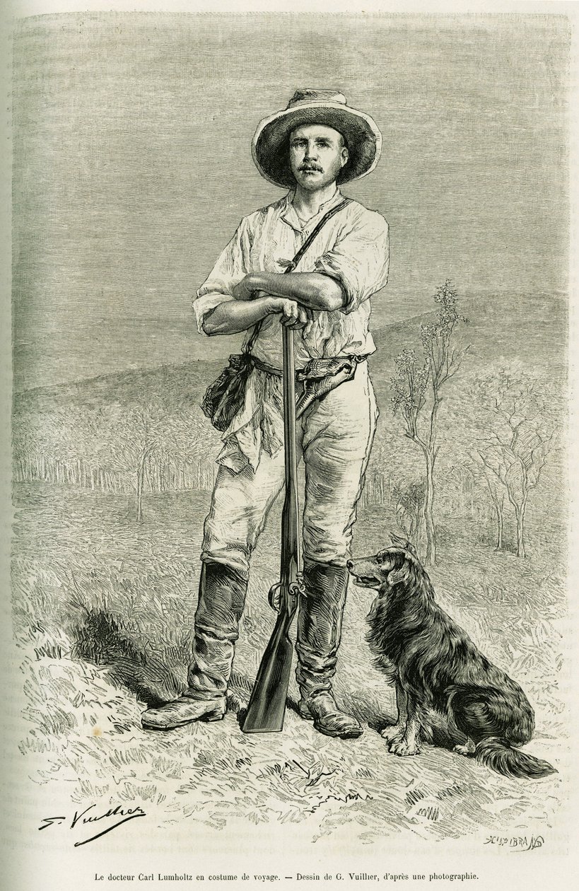 Portræt af den rejsende forfatter Carl Lumholtz. Gravering af G.Vuillier, for at illustrere historien Chez les cannibales, rejse i det nordøstlige Australien af Gaston Vuillier