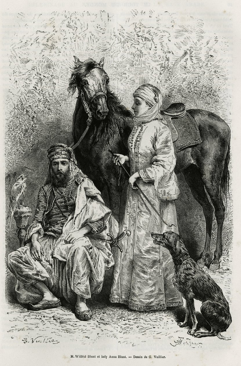 Portrætter af Mr. Wilfrid Blunt (1840-1922), digter og forfatter, og hans kone, Lady Anna Blunt (nee King Noel (King Noel) 1837-1917), den første europæiske kvinde til at udforske Mellemøsten, iført en rejsedragt , foran en af de arabiske heste i deres sta af Gaston Vuillier