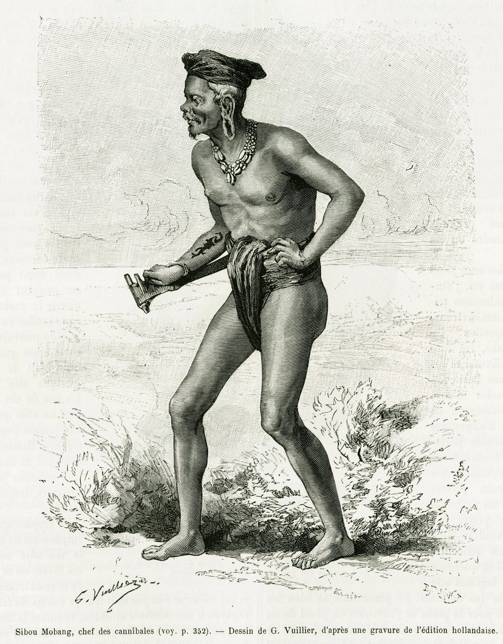 Sibou Mobang, leder af kannibaler. Gravering af G.Vuillier, til illustration af historien De Koutei a Bandjirmasin, rejse gennem Borneo, af Carl Bock, i le tour du monde 1890, instrueret af Edouard Charton (1807-1890), Hachette, Paris. af Gaston Vuillier