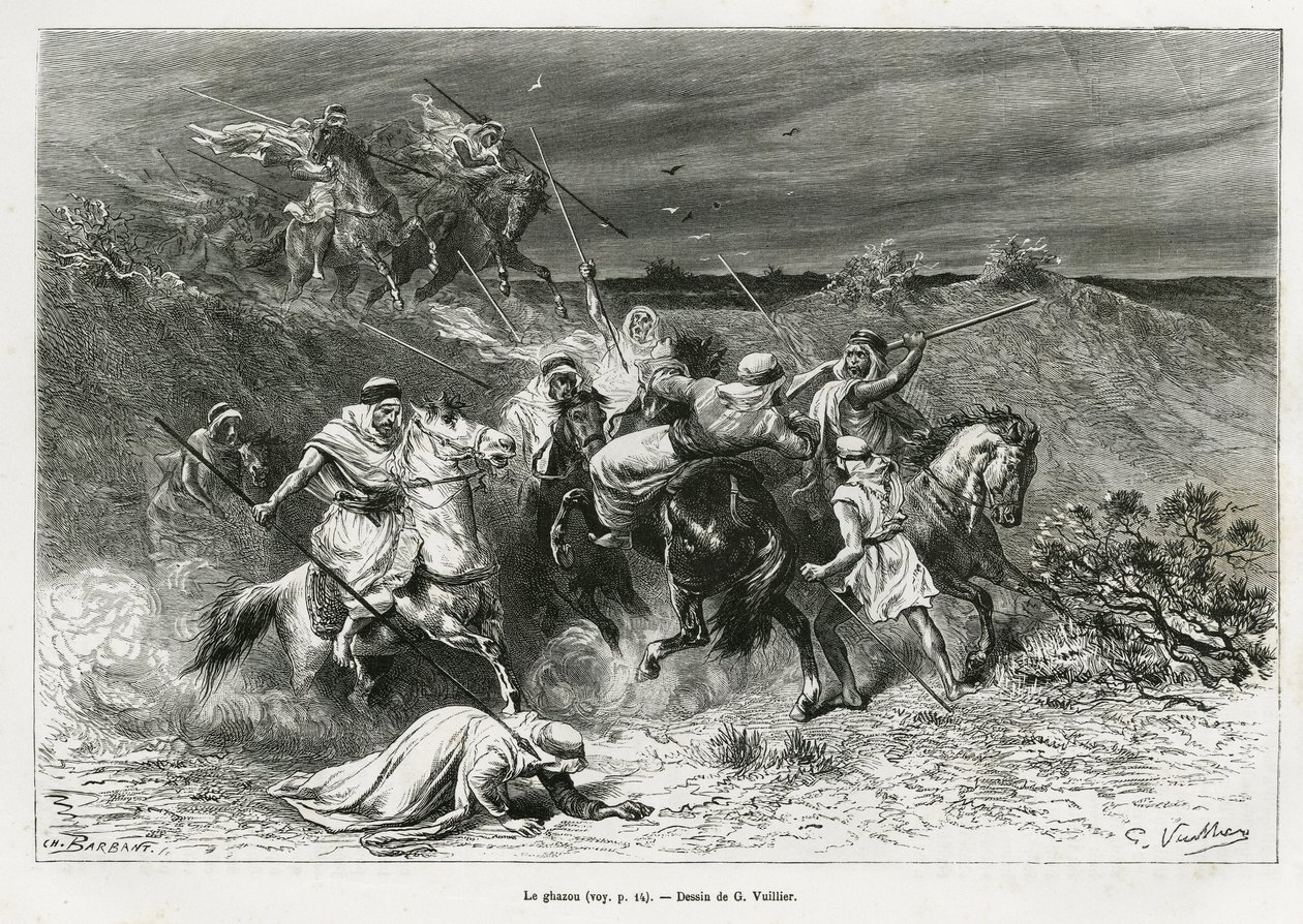 Ghazou, eller razzia, plyndrer med en hånd. Gravering af G.Vuillier, for at illustrere historien "" pelerinage au Nedjed, den arabiske races vugge"", af Lady Anna Blunt, i 1878-1879, udgivet i Tour du monde, under ledelse af Edouard Charton (1807- af Gaston Vuillier
