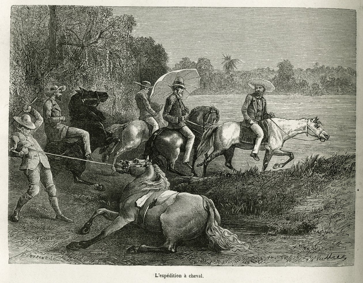 Ekspeditionen på hesteryg til udforskning af Terable-dalen, gravering efter en tegning af G.Vuillier, for at illustrere historien De Cayenne aux Andes, af Jules Crevaux, læge i den franske flåde, i 1878-1879, offentliggjort i turen du monde, unde af Gaston Vuillier