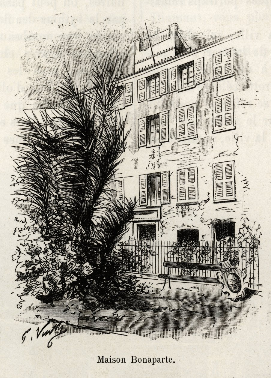 Facaden på huset Bonaparte, hvori Napoleon Bonaparte (1769-1821) ikke er. Gravering og historie "" La Corse"" af Gaston Vuillier (1845-1915), i 1890, i Le tour du monde, nouveau journal des voyages, under ledelse af Edouard Charton (1807-189) af Gaston Vuillier