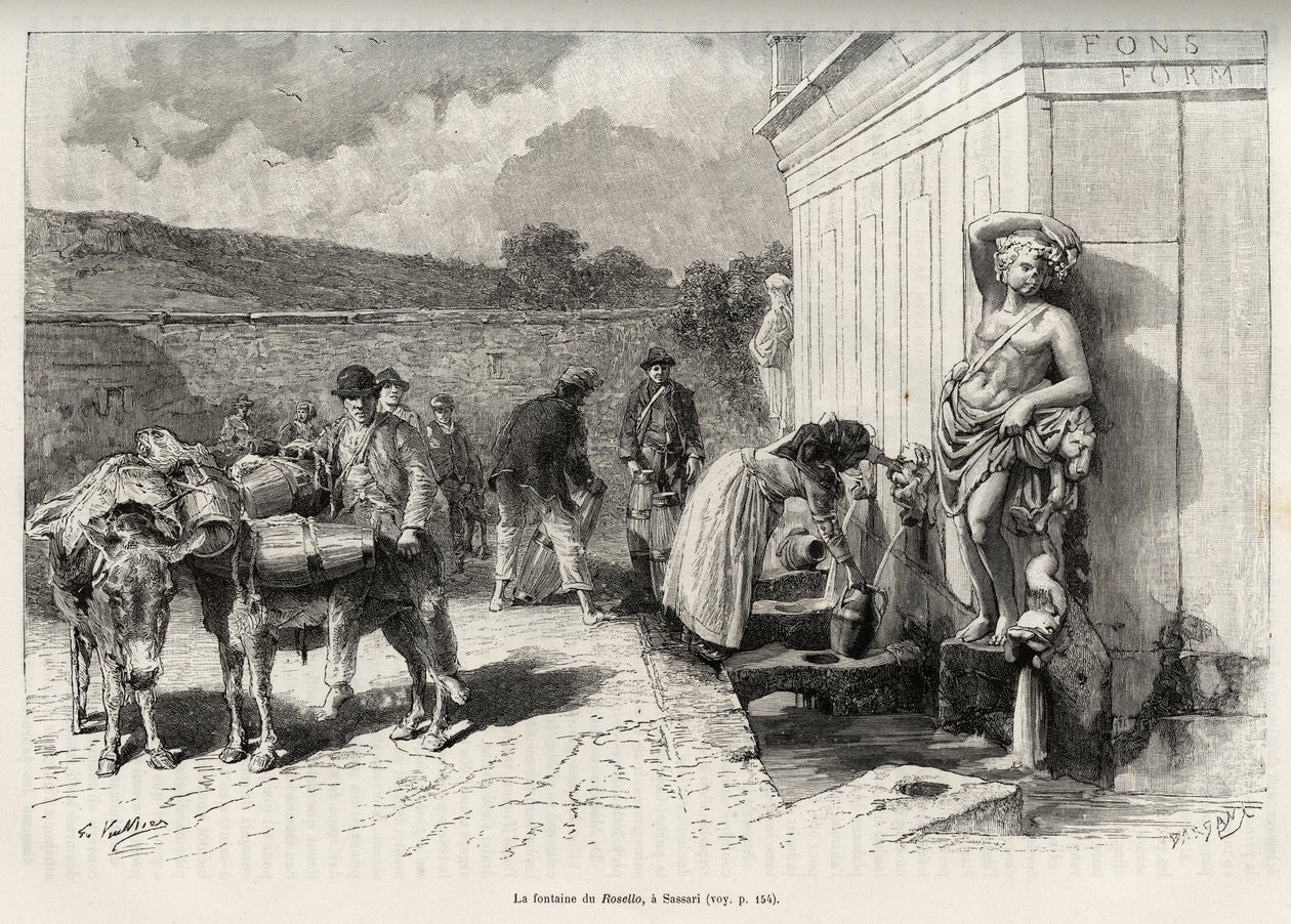 Fontænen af Rossello, i Sassari (Italien). Daglige aktiviteter, kvinde fylder en criche og vandbærere med deres æsler, fylder deres tønder. Gravering og historie "" La Sardaigne"" af Gaston Vuillier (1845-1915), i 1890, i Le tour du monde, nouv af Gaston Vuillier