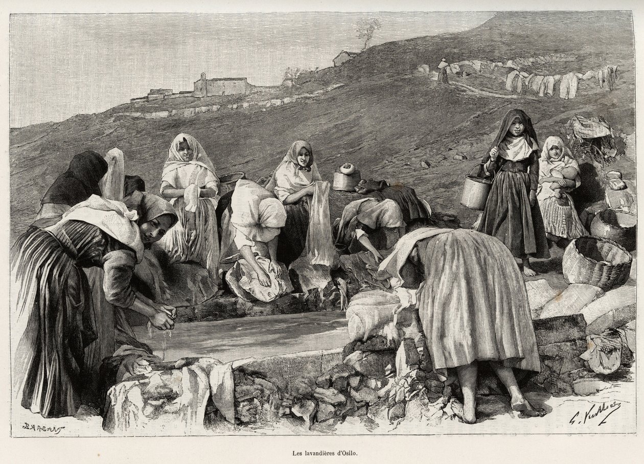 Lavendel fra Osilo (Italien), kvinder samlet omkring bassinet. Gravering og historie "" La Sardaigne"" af Gaston Vuillier (1845-1915), i 1890, i Le tour du monde, nouveau journal des voyages, under ledelse af Edouard Charton (1807-1890), 2. semester af Gaston Vuillier