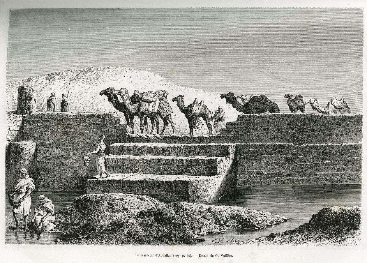 Abdallahs reservoir (Saudi-Arabien). Gravering af G.Vuillier, for at illustrere historien "" pelerinage au Nedjed, den arabiske races vugge"", af Lady Anna Blunt, i 1878-1879, udgivet i Tour du monde, under ledelse af Edouard Charton (1807- 18 af Gaston Vuillier