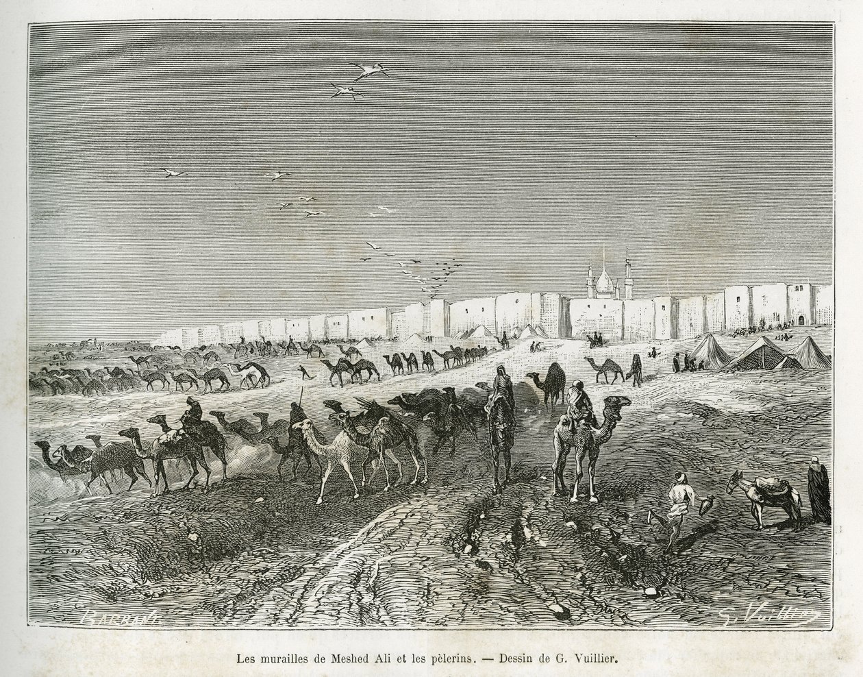 Meshed Alis vægge (Ali Ibn Abi Talib, død i 661, fætter, discipel og svigersøn af Muhammed (570-632)) er placeret i moskeen i Najaf (Irak), og pelerinerne samles for at fejre den første og far til alle imamer. Stik af G.Vuillier, til il af Gaston Vuillier