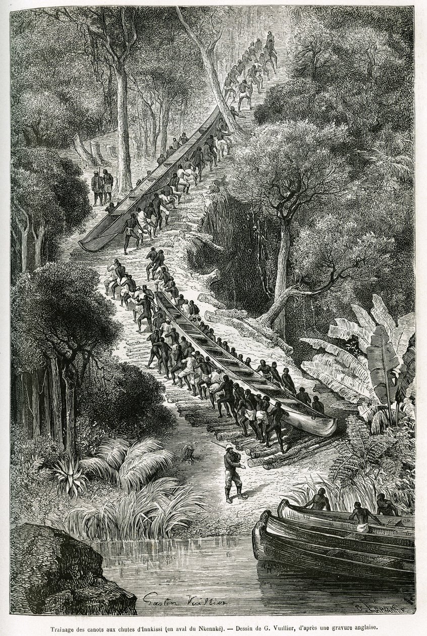 Traggende kanoer ved Innkissi Falls (eller Livingstone Falls) (Congo), under ledelse af Sir H.M.Stanley (1841-1904), tegnet af G.Vuillier, for at illustrere historien "Through the Mysterious Continent", en rejse foretaget mellem 1874 -1877, af Sir H.M.Stan af Gaston Vuillier