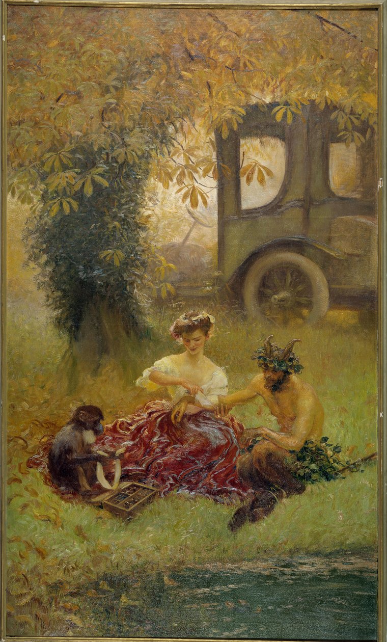 En ung kvinde assisteret af en abe helbreder et dyreliv (maleri) af Gaston de la Touche