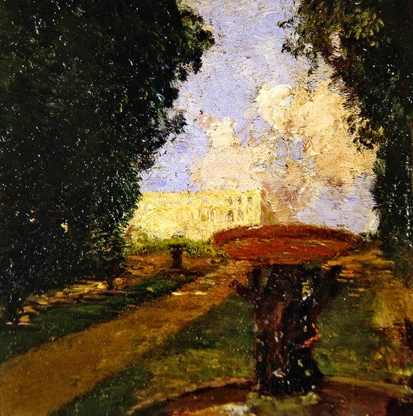 Havescene (olie på panel) af Gaston de la Touche