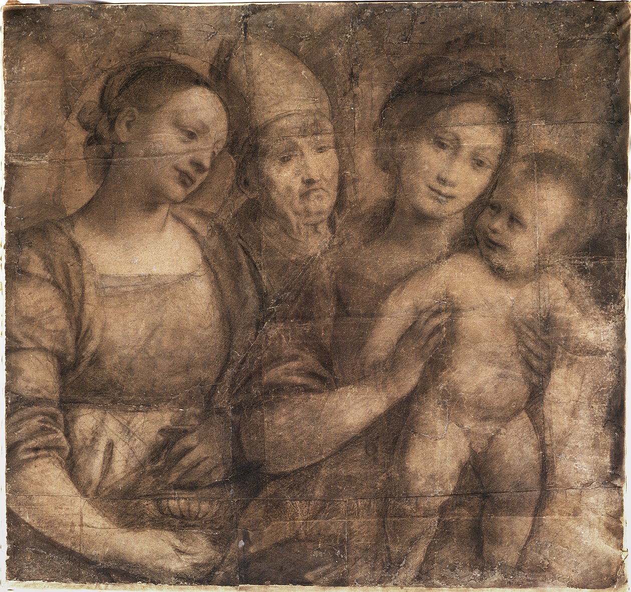 Madonnaen og barnet med St. Mary Magdalene og en biskop (sort kridt på sammenføjede ark af gråt papir monteret på vellum) af Gaudenzio Ferrari