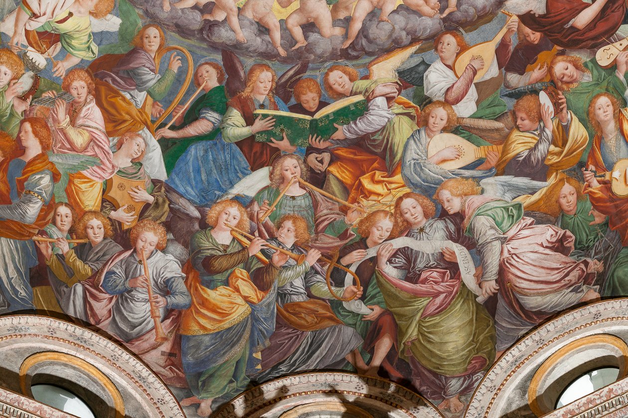 Detalje af den hellige jomfrus himmelfart, kendt som "Englekoret, der spiller musik", Kuppelen på tværskibet, fra 1534 (fresko) af Gaudenzio Ferrari