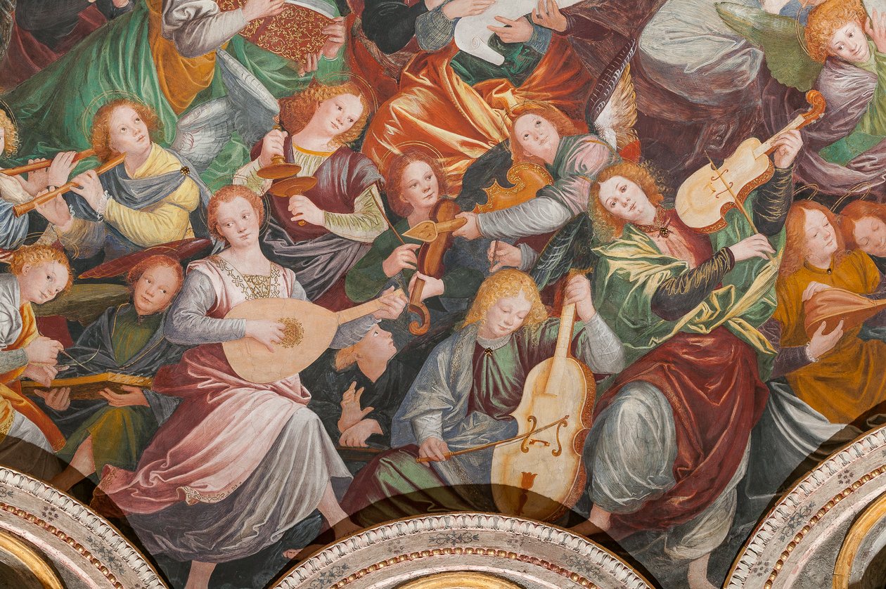 Detalje af den hellige jomfrus himmelfart, kendt som "Englekoret, der spiller musik", Kuppelen på tværskibet, fra 1534 (fresko) af Gaudenzio Ferrari