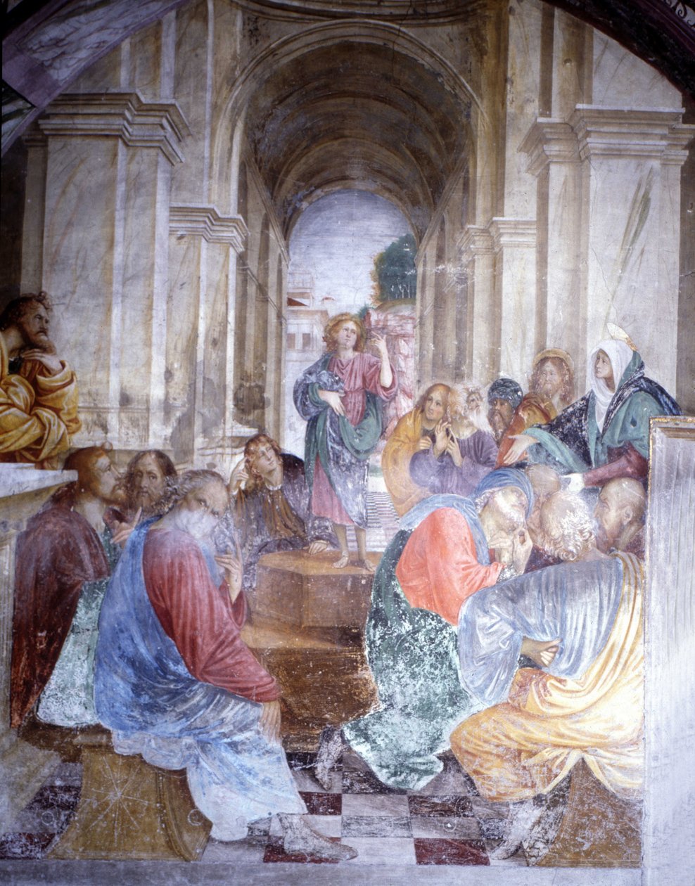 Diskussion af Jesus med lægerne i templet. Fresko af Gaudenzio Ferrari (1475 - 1546), Santa Maria delle Grazie-kirken, Varallo. af Gaudenzio Ferrari