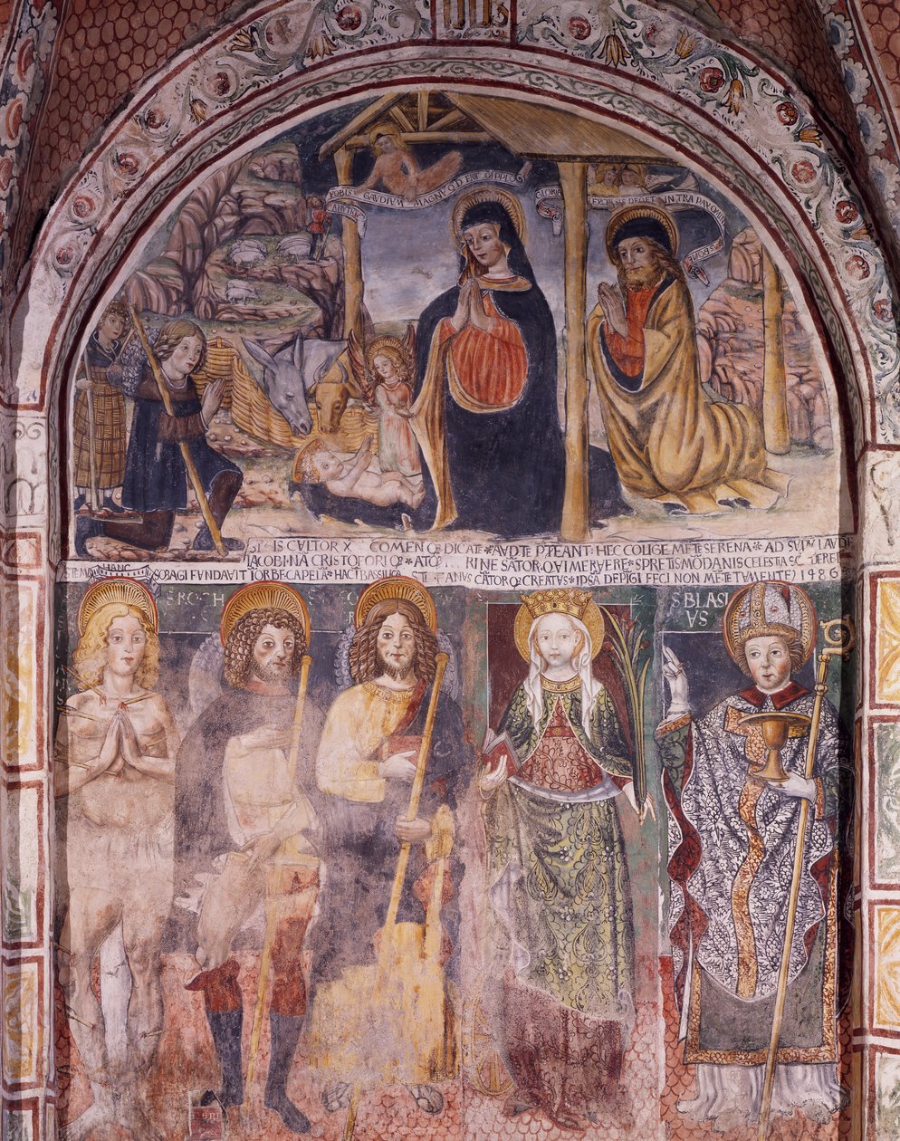 Fødsel og hellige, freskomaleri af Gaudenzio Ferrari (1475-1546), San Giulio-basilikaen, San Giulio-øen, Orta San Giulio, Italien af Gaudenzio Ferrari