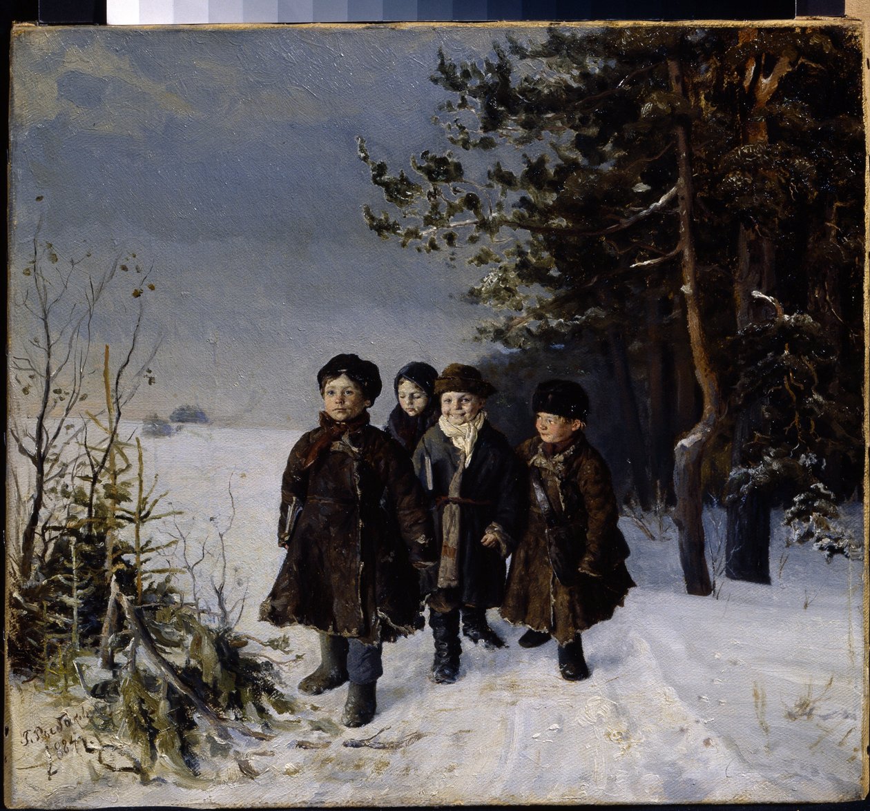 Tilbage fra skolen - Maleri af Gavriil Fyodorovich Rybakov (1859-?), olie på lærred af Gavriil Fyodorovich Rybakov