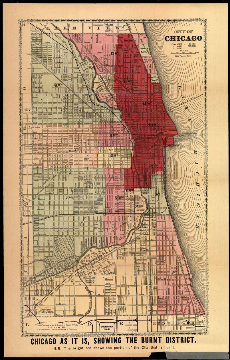 Chicago As It Is, Showing the Burnt District, fra History of the Great Fires in Chicago and the West af Edgar Johnson Goodspeed, udgivet Chicago, 1871 (håndkoloreret litho) af Gaylord Watson