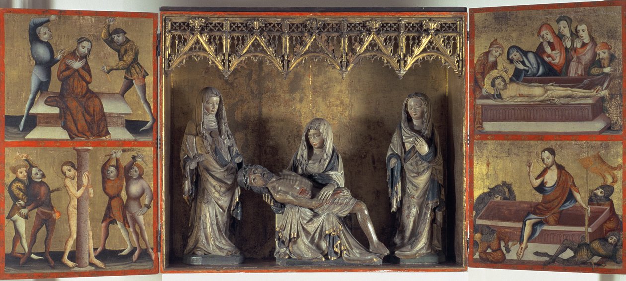 Altertavle, der forestiller klagesangen og Kristi lidenskab (Alter of St. Elizabeth Thüringen) c.1410 (tempera på panel og kalksten) af Gdansk School