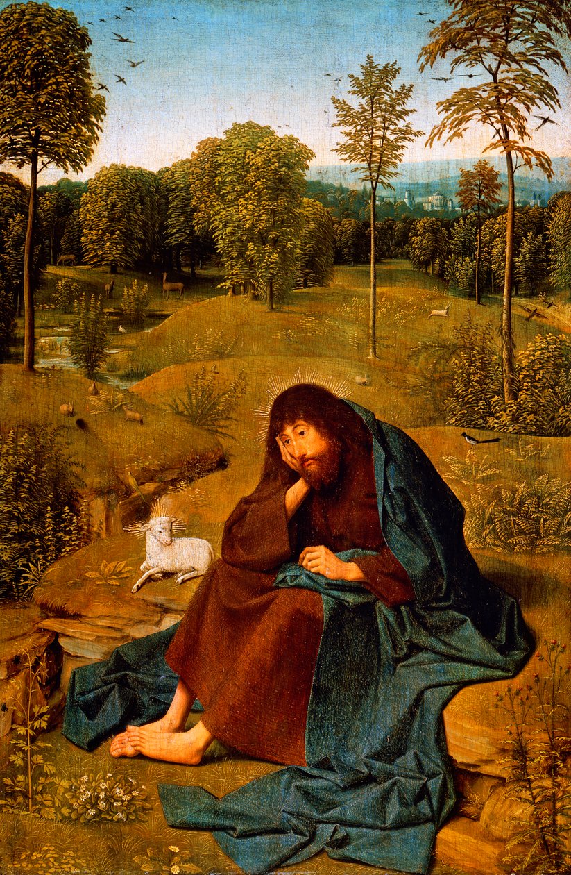John Baptist in Wilderness, maleri af Geertgen tot Sint Jans Panel (ca 1460-ca 1490), panel, 42x28 cm, Holland af Geertgen Tot sint Jans
