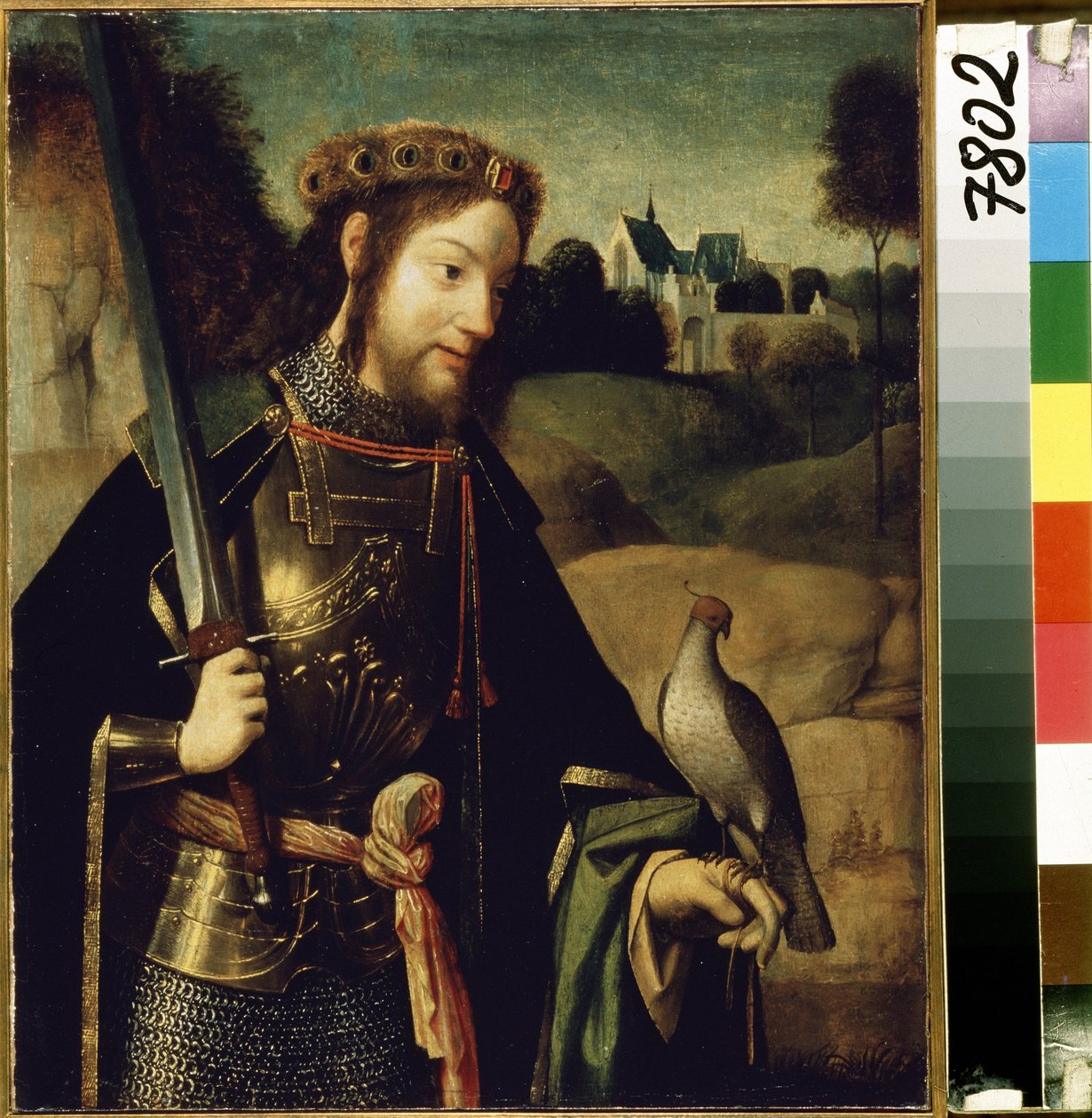 ""Repræsentation af Saint Bavo af Gent"" (Saint Bavo) maleri af Geertgen tot Sint Jans (eller Gerard de Saint-Jean (Saint Jean), Gerrit van Haarlem) (omkring 1465-omkring 1495) Slutningen af ​​det 15. århundrede søn. 36,5 x 30 cm Eremitagemuseet, Sankt Pet af Geertgen Tot sint Jans