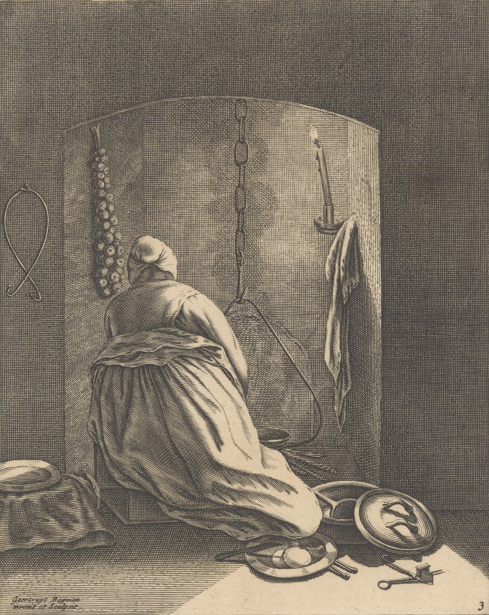 A Woman Cooking, Plade 3 fra Fem Feminine Occupations, ca. 1640-57., ca. 1640-57. af Geertruydt Roghman