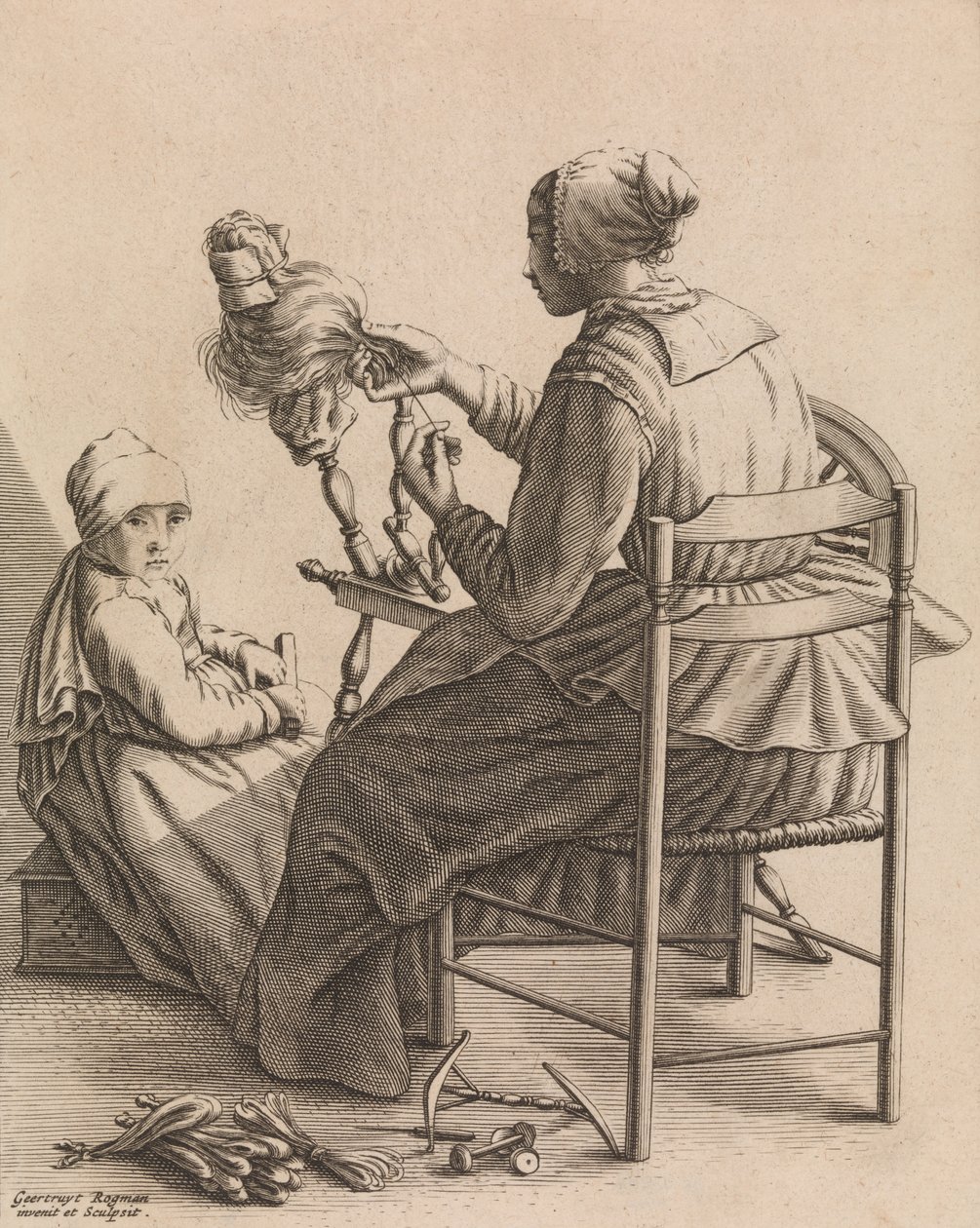 En kvinde, der spinder, tallerken 4 fra fem feminine erhverv, ca. 1640-57. af Geertruydt Roghman