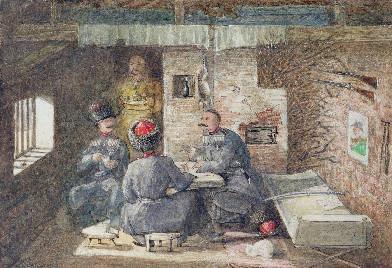 Cossack Hut Interiør i Rusland, 12 Miles vest for Kertch, 1855 af General E.W. Wray