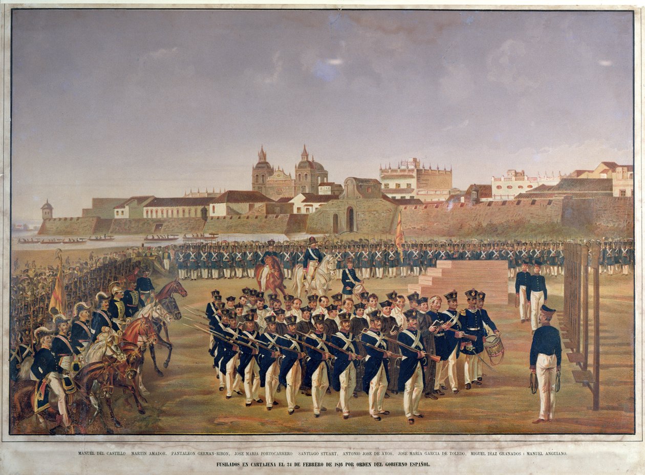 Nedskydningen af Pantaleon German de Ribon og hans 8 ledsagere i Cartagena den 24. februar 1816 (farvegravering) af Generoso Jaspe