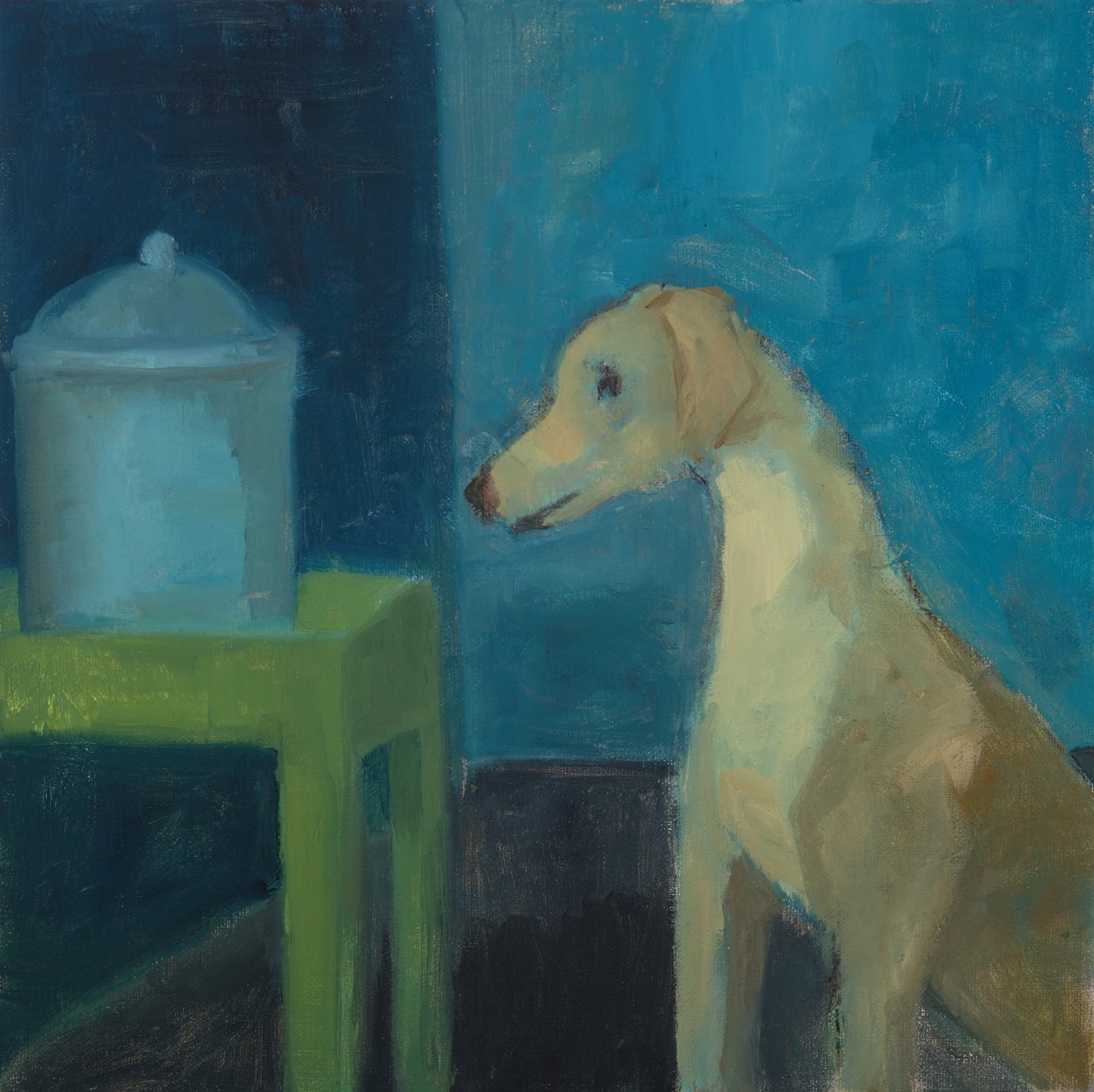 Gul hund med kagedåse, 2020 (olie på lærred) af Genevieve French